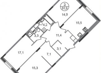 Продам трехкомнатную квартиру, 91.9 м2, Московская область