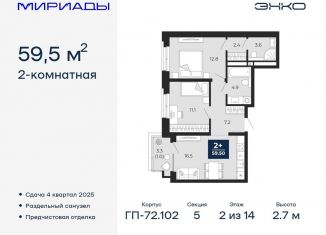 Продается двухкомнатная квартира, 59.5 м2, Тюмень