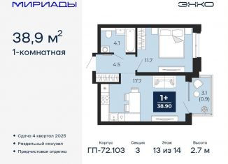 1-комнатная квартира на продажу, 38.9 м2, Тюмень