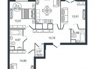 3-ком. квартира на продажу, 84.6 м2, Тверь, Московский район