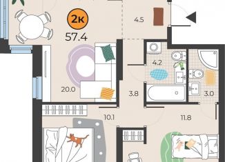 2-ком. квартира на продажу, 57.4 м2, Тюмень, улица Эльвиры Федоровой, 3, Восточный округ