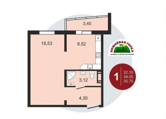 1-комнатная квартира на продажу, 35.8 м2, посёлок Западный