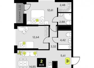 Продается 2-ком. квартира, 61.1 м2, Тюмень, Калининский округ, улица Первооткрывателей, 15