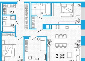 3-комнатная квартира на продажу, 96.6 м2, Уфа, улица Аксакова, 18, ЖК Империал