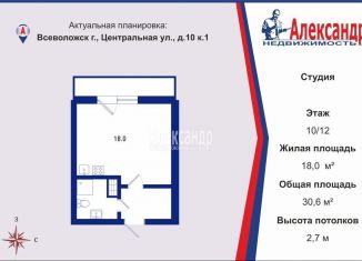 Продается квартира студия, 30.6 м2, Всеволожск, Центральная улица, 10/1, ЖК Полар-Южный