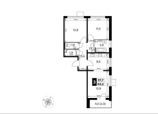 Продается трехкомнатная квартира, 63.2 м2, Московская область