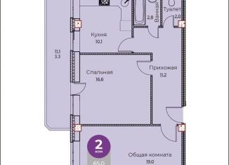 Двухкомнатная квартира на продажу, 65 м2, Калуга, переулок Баррикад, 5, ЖК Калейдоскоп