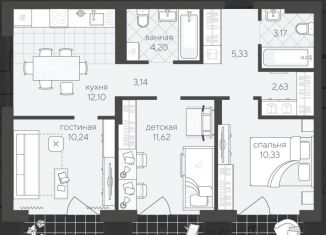 Продажа трехкомнатной квартиры, 68.6 м2, Тюмень, ЖК Скандиа Квартал у Озера, Стройотрядовская улица, 10