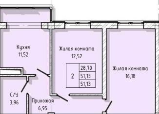 2-комнатная квартира на продажу, 51.1 м2, Нальчик, улица А.А. Кадырова, 24, ЖК Молодёжный