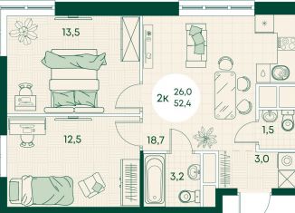 Продаю 2-ком. квартиру, 52.4 м2, Адыгея