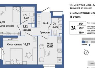 Двухкомнатная квартира на продажу, 53.8 м2, Екатеринбург, метро Машиностроителей