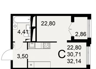 Однокомнатная квартира на продажу, 32.1 м2, Тула
