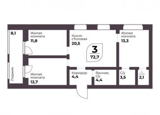 3-комнатная квартира на продажу, 72.7 м2, посёлок Терема