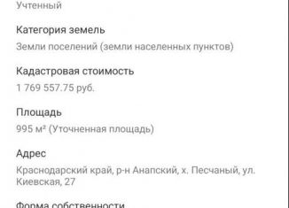 Земельный участок на продажу, 10 сот., хутор Песчаный, Киевская улица