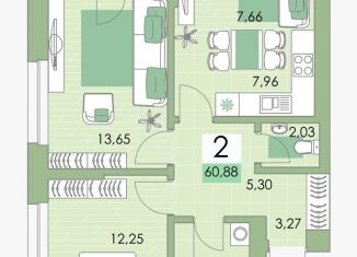 Продам 2-комнатную квартиру, 60.9 м2, Уфа