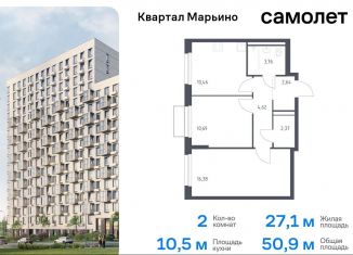 Продаю двухкомнатную квартиру, 50.9 м2, поселение Филимонковское, жилой комплекс Квартал Марьино, к2