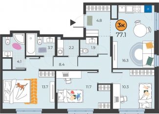 Продам 3-комнатную квартиру, 77.1 м2, Тюмень, улица Эльвиры Федоровой, 3, Восточный округ