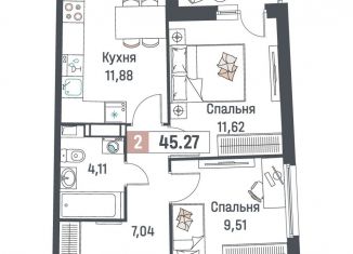 Продажа 2-комнатной квартиры, 45.3 м2, Мурино