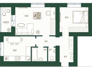 Продажа 2-комнатной квартиры, 55.9 м2, Самарская область