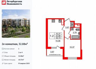 Продаю однокомнатную квартиру, 32.9 м2, посёлок Шушары