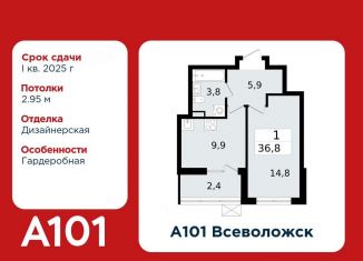 Продаю 1-ком. квартиру, 36.8 м2, Всеволожск, микрорайон Южный, 1.3