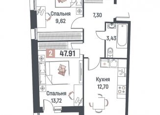 Продаю двухкомнатную квартиру, 47.9 м2, Мурино, ЖК Авиатор
