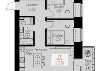 3-ком. квартира на продажу, 52.2 м2, Красноярский край, Семафорная улица, 441Ас2