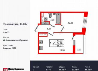 Продам 1-комнатную квартиру, 34.3 м2, Санкт-Петербург, метро Озерки