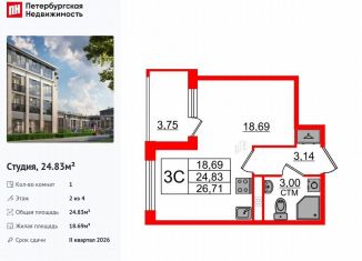 Квартира на продажу студия, 24.8 м2, посёлок Стрельна