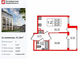 Продам однокомнатную квартиру, 32.3 м2, посёлок Стрельна