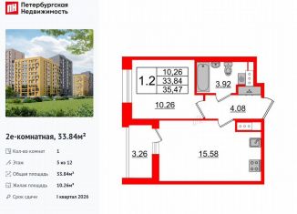 1-комнатная квартира на продажу, 33.8 м2, Санкт-Петербург, муниципальный округ Коломяги