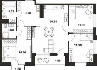 Трехкомнатная квартира на продажу, 88.6 м2, Тула