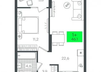 1-комнатная квартира на продажу, 46.1 м2, Тюмень